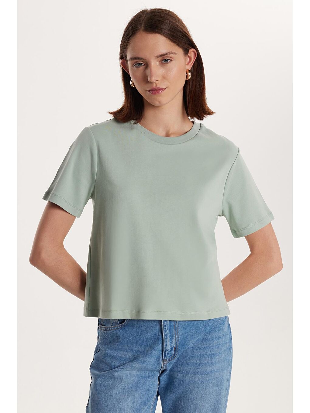Yeşil Kadın Relax Fit Rahat Kesim %100 Pamuk Kısa Kollu Bisiklet Yaka Mint Tişört-3