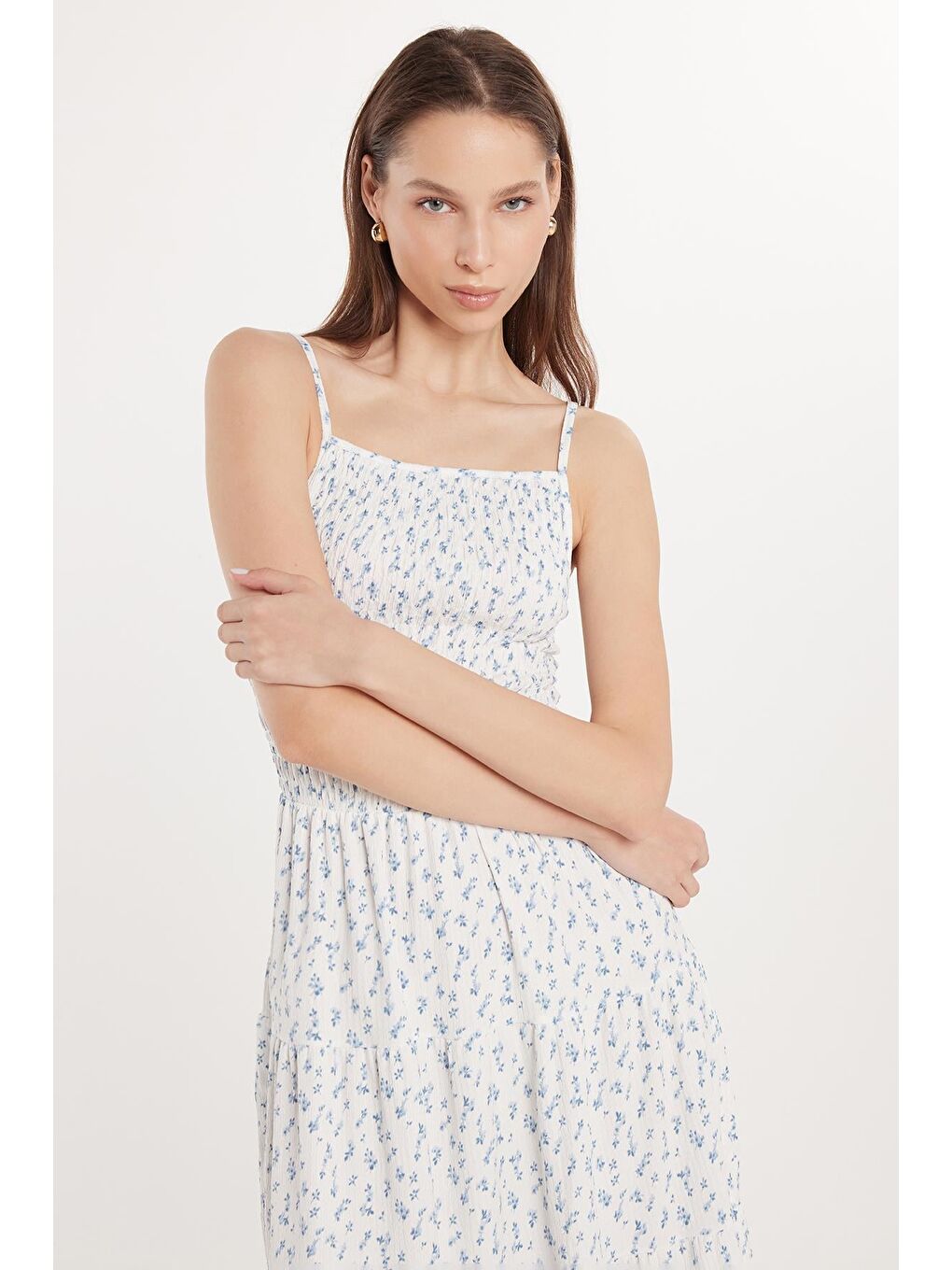 Karışık Kadın Slim Fit Dar Kesim İnce Askılı Büzgülü Kare Yaka Elbise-1