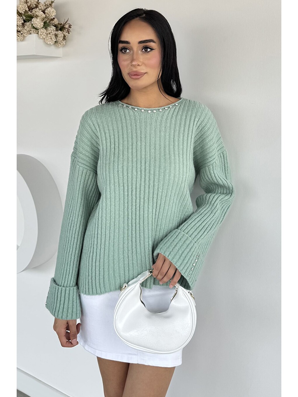 Yeşil Kadın Taş İşlemeli Kendinden Desenli Triko Kazak-2