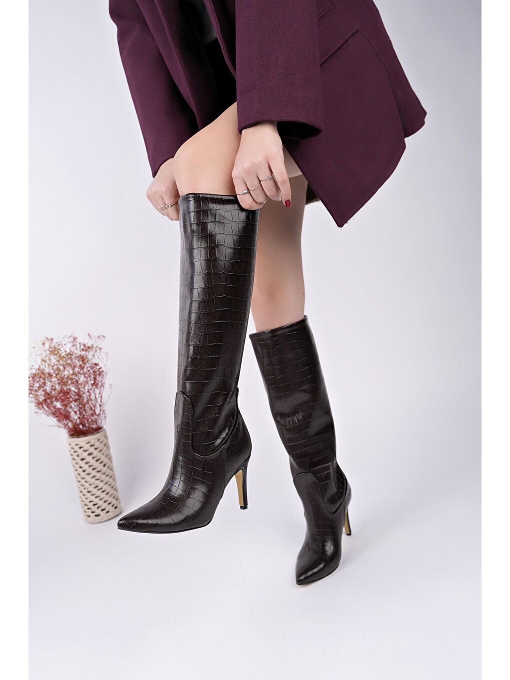 Kahverengi CLARİSSA Sivri Burun Kroko Desenli İnce Topuklu Kadın Çizme-2
