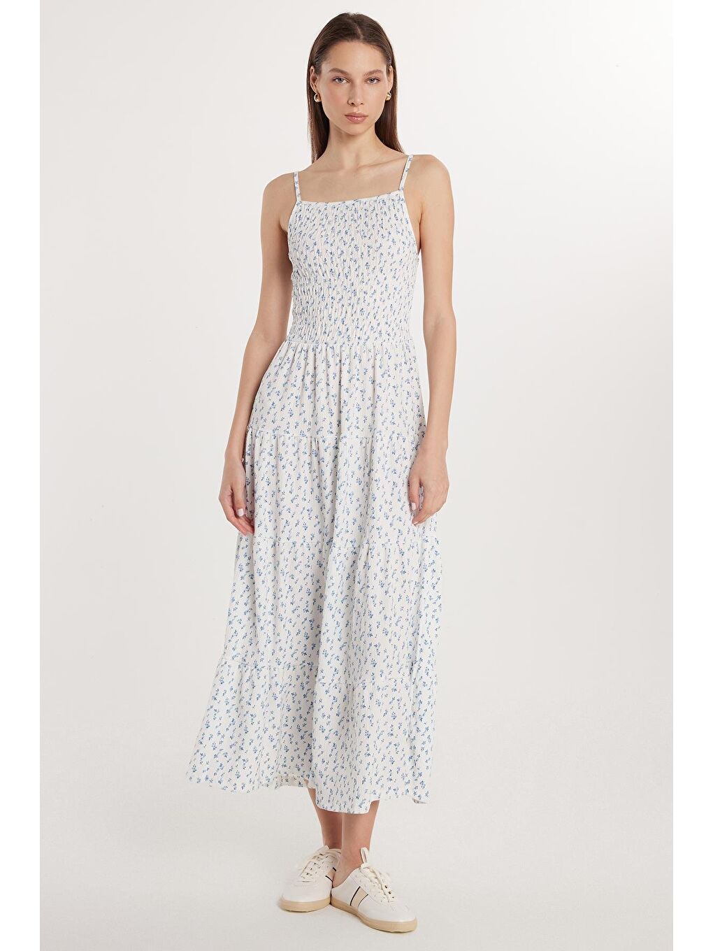 Karışık Kadın Slim Fit Dar Kesim İnce Askılı Büzgülü Kare Yaka Elbise-3