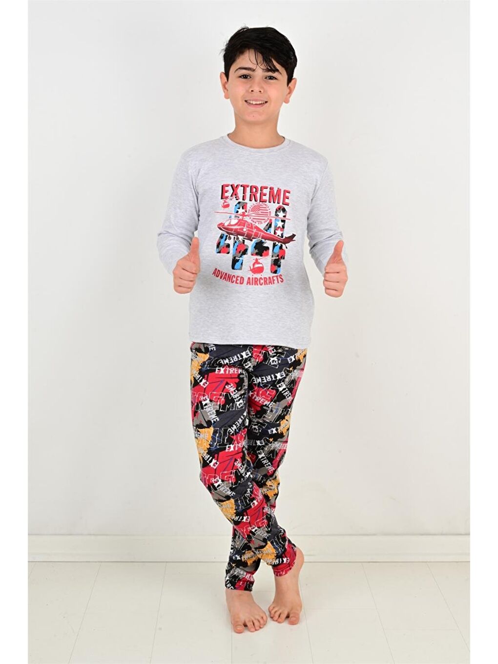 Gri Erkek Çocuk Pijama Takımı Uzun Kollu Air Craft  Pamuklu Kışlık