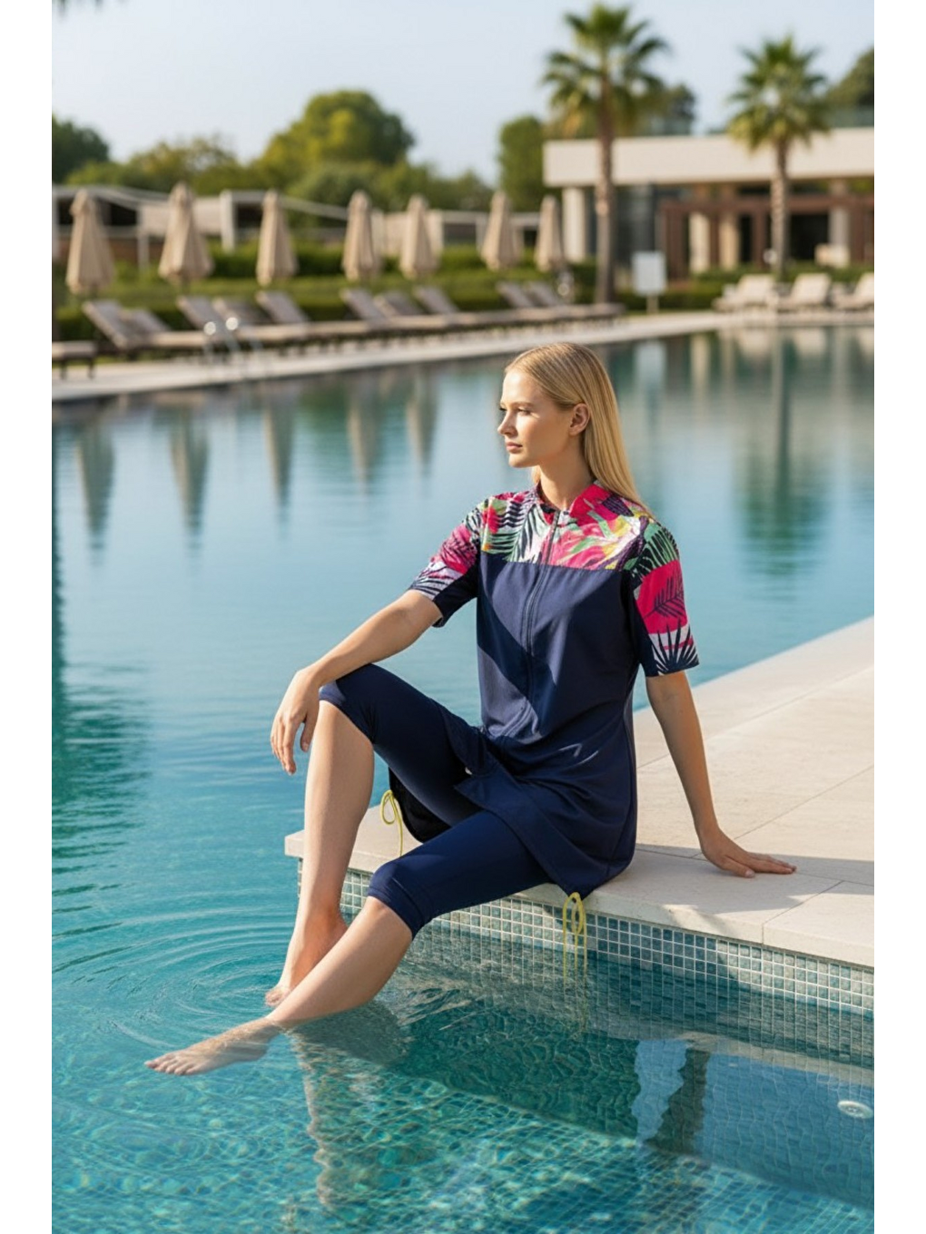 Lacivert Hızlı Kuruyan Paraşüt Kumaş 4 Parça Kısa Kollu Yarı Kapalı Mayo 25754-3