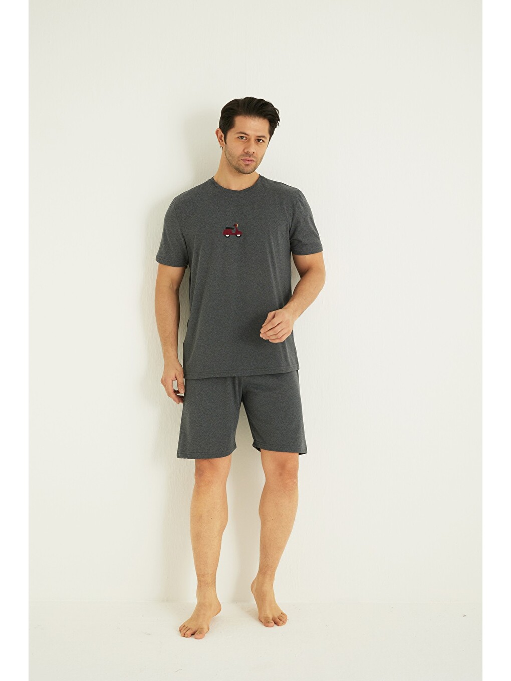 Gri Kısa Kollu Örme Nakışlı Erkek Şort-pijama Takım 7820-1