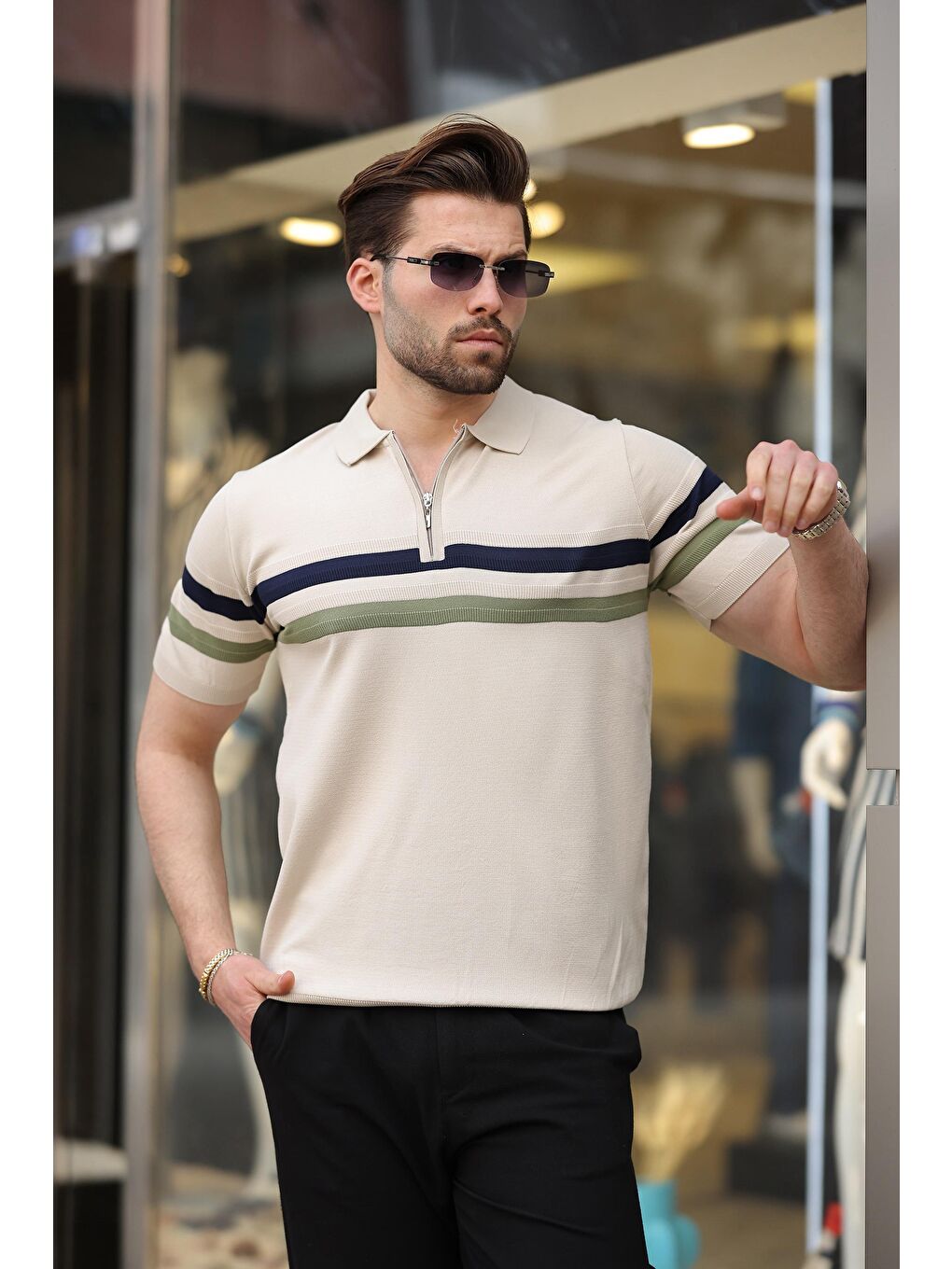 Bej Taş Rengi Fermuarlı Polo Yaka Triko Erkek Tişört E7299-2