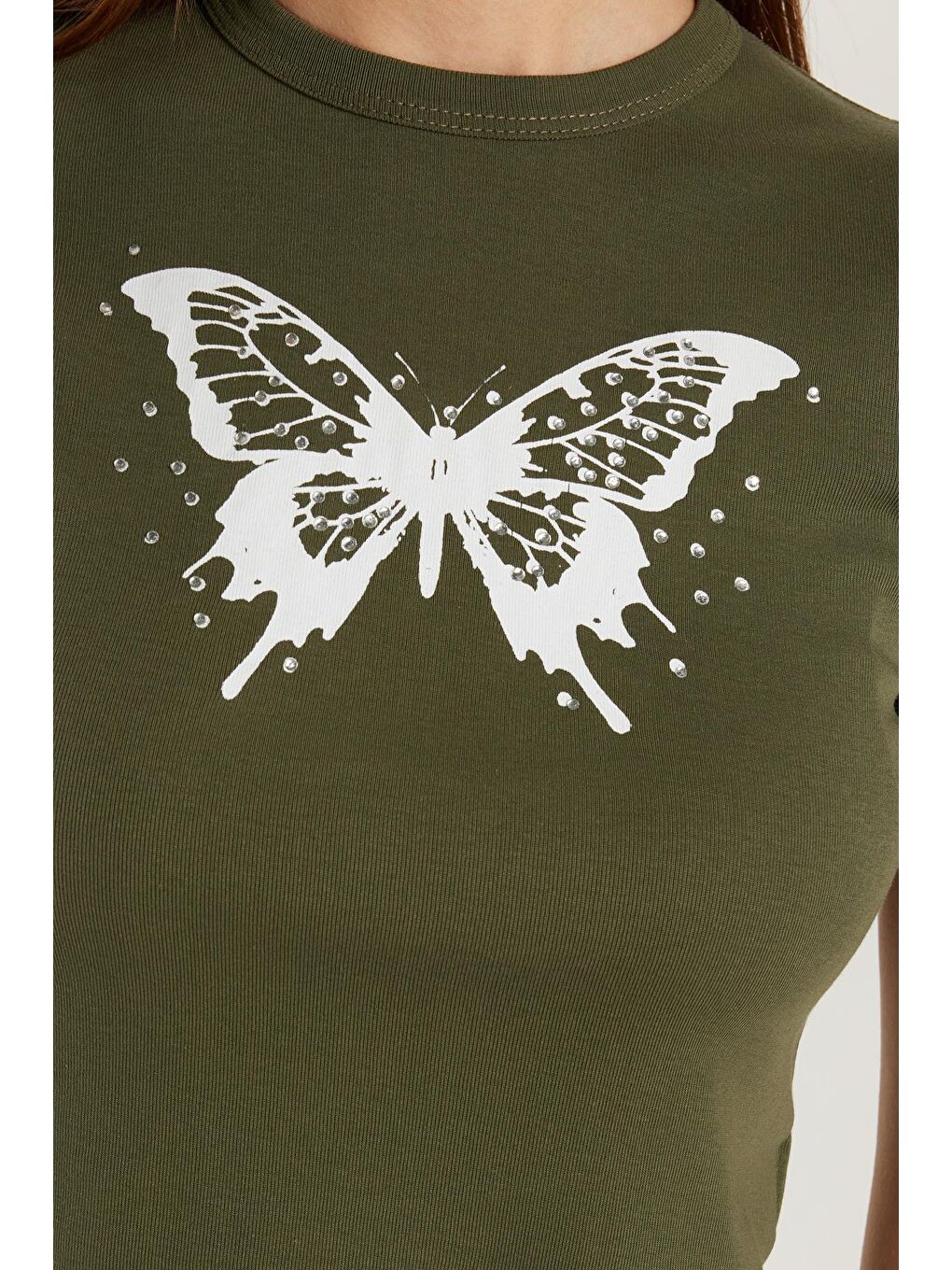 Kadın Slim Fit Dar Kesim Kısa Kollu Bağlamalı Bisiklet Yaka Baskılı Haki Tişört-2