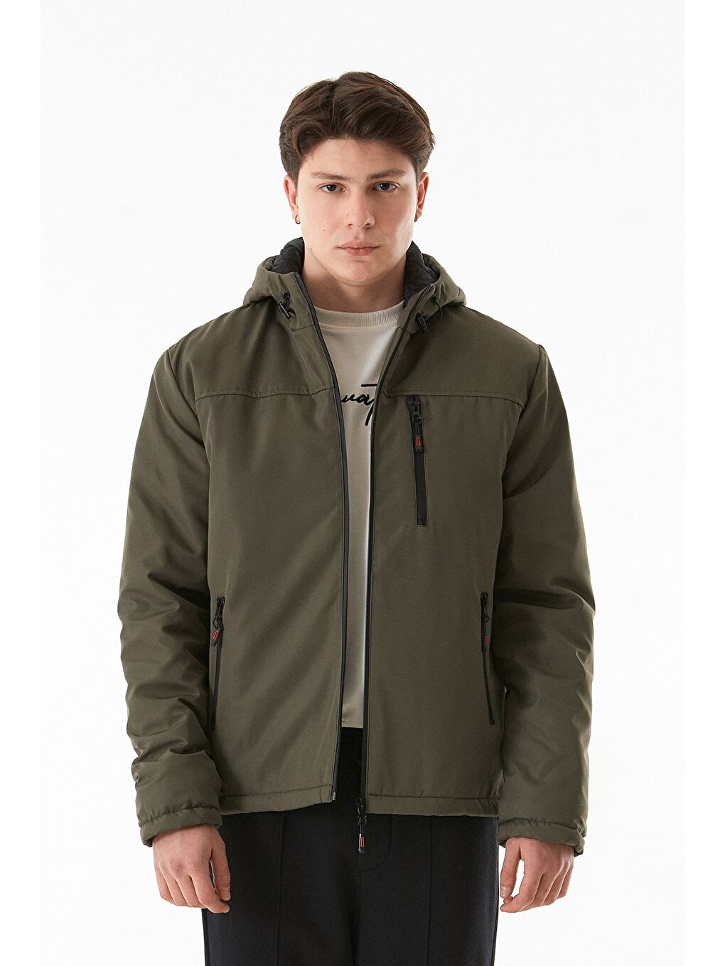 Haki Cebi Fermuarlı Kapüşonlu Mont