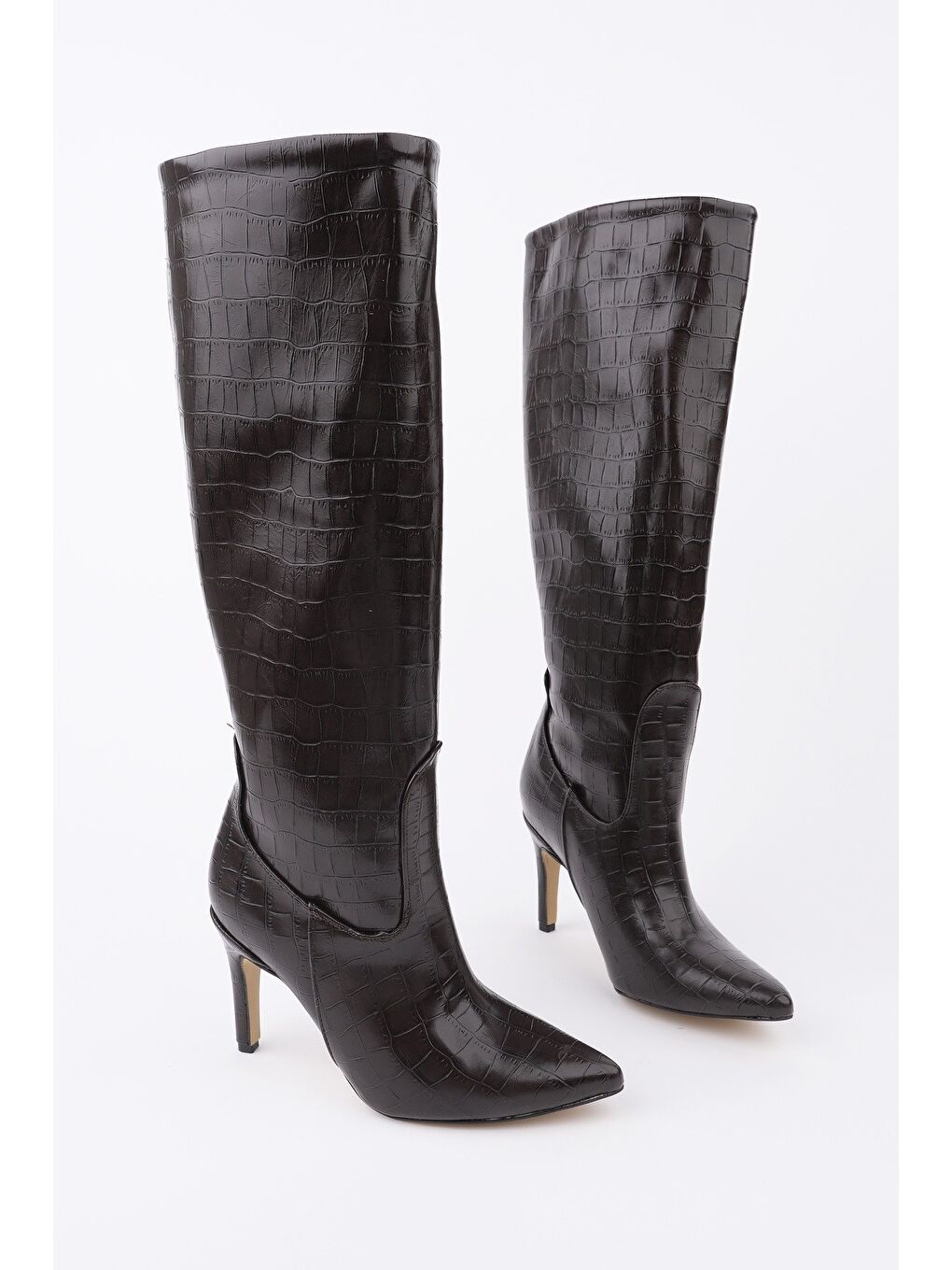 Kahverengi CLARİSSA Sivri Burun Kroko Desenli İnce Topuklu Kadın Çizme-3