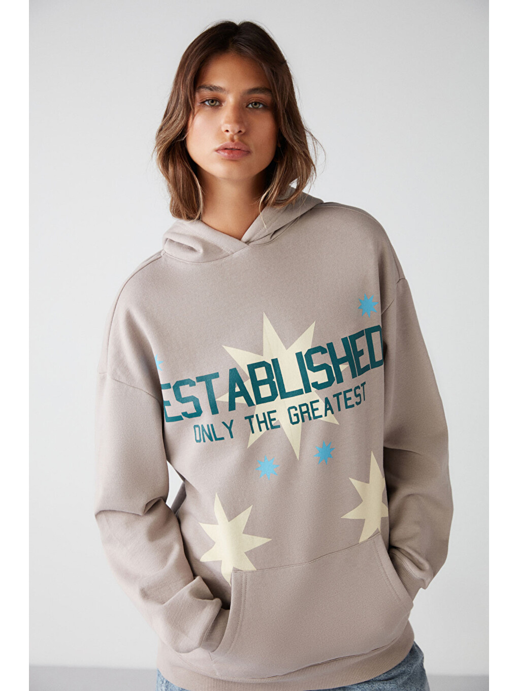 Bej Establıshed Kadın Oversize Organik Pamuklu İçi Polarlı Kapüşonlu Vizon Sweatshirt-1