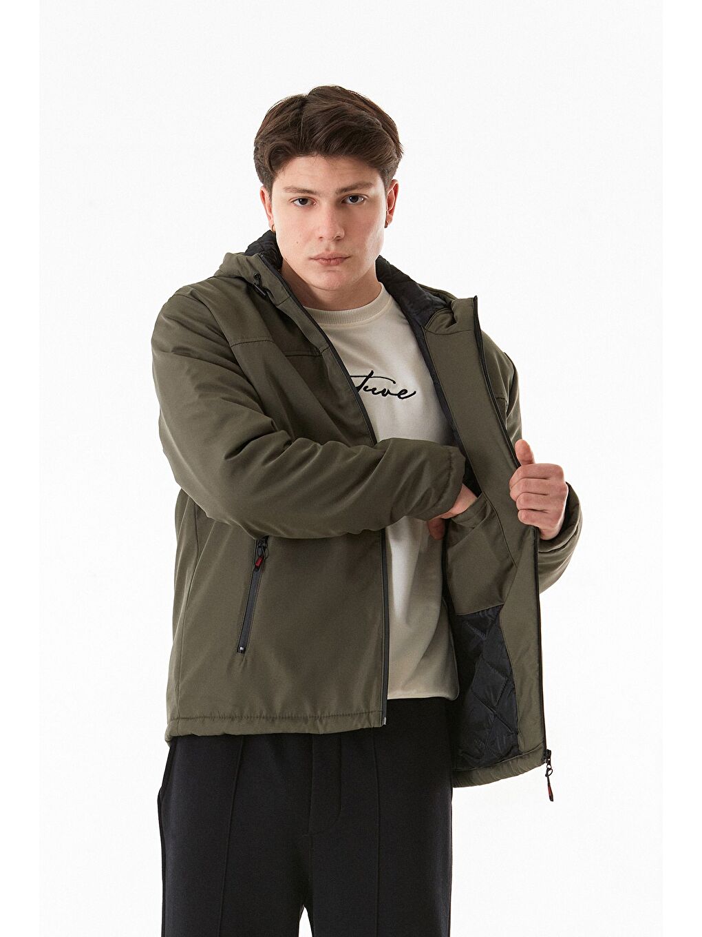 Haki Cebi Fermuarlı Kapüşonlu Mont-1