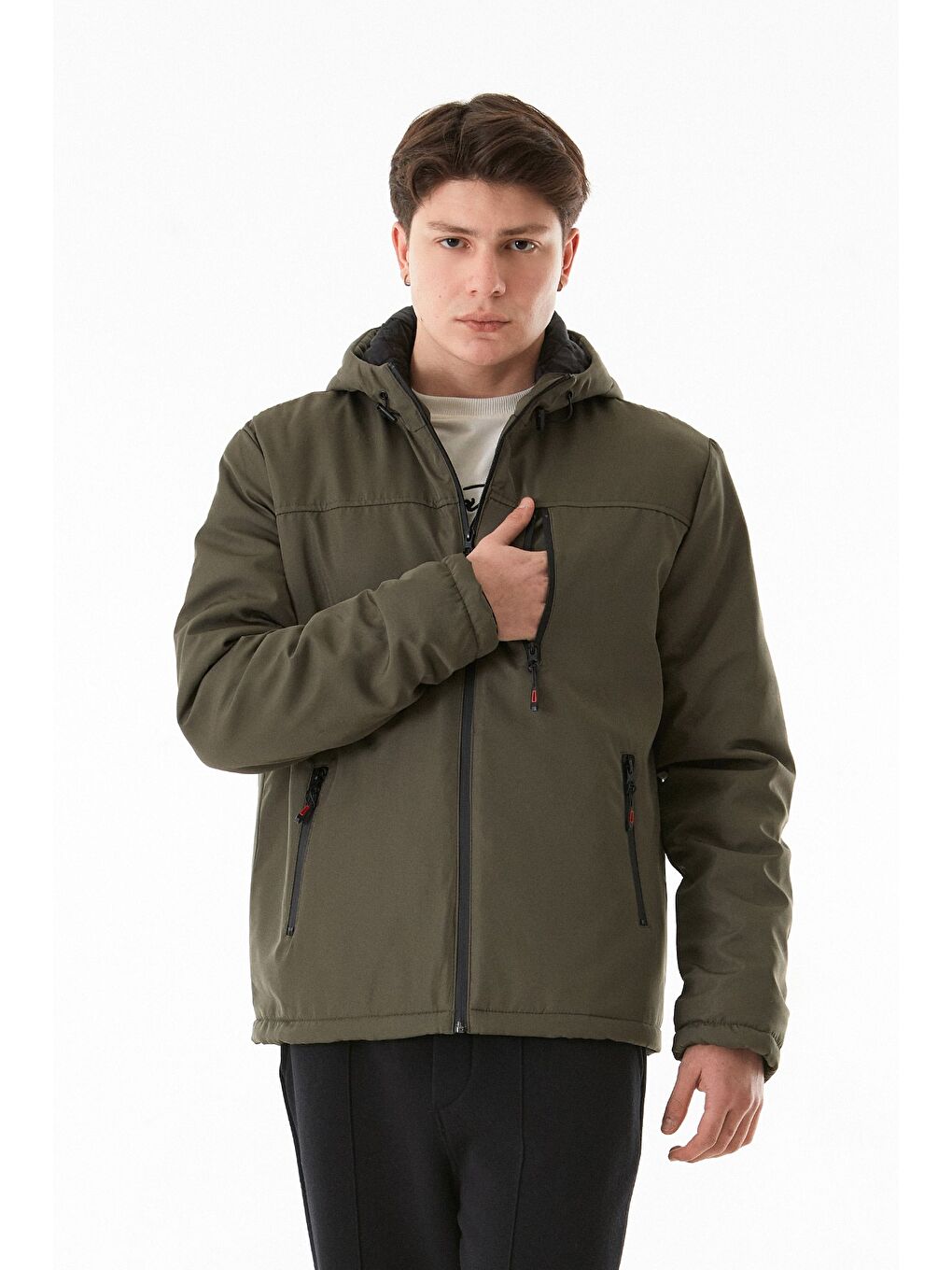 Haki Cebi Fermuarlı Kapüşonlu Mont-2