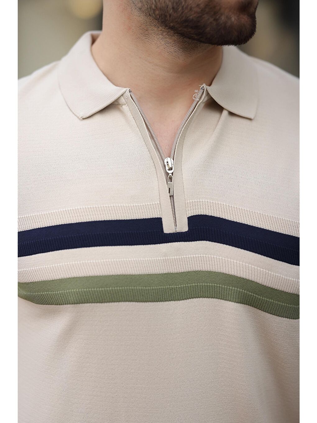 Bej Taş Rengi Fermuarlı Polo Yaka Triko Erkek Tişört E7299-3