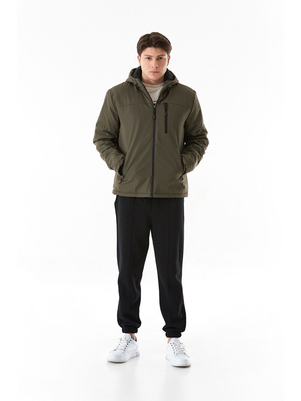 Haki Cebi Fermuarlı Kapüşonlu Mont-3