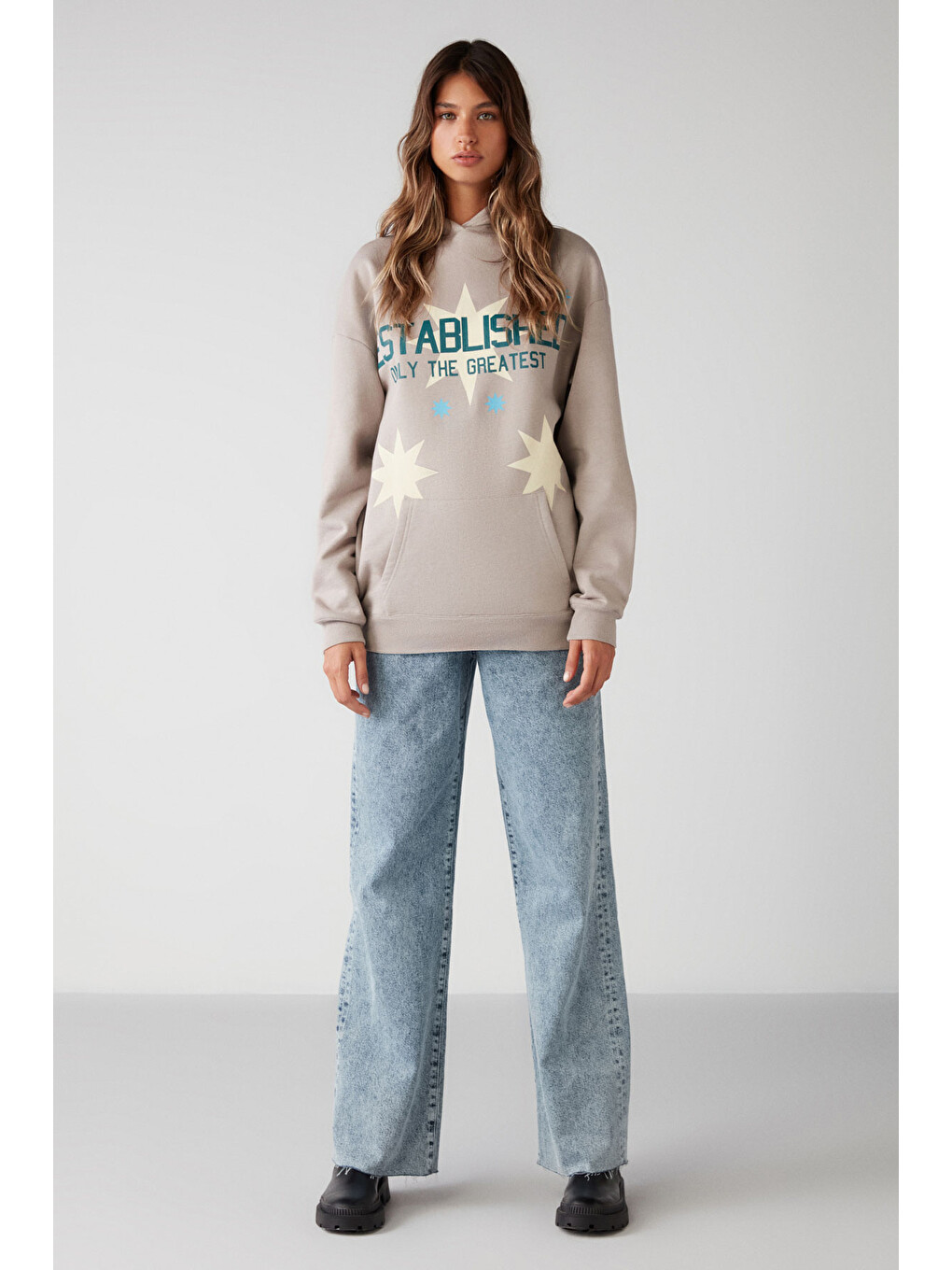 Bej Establıshed Kadın Oversize Organik Pamuklu İçi Polarlı Kapüşonlu Vizon Sweatshirt-2
