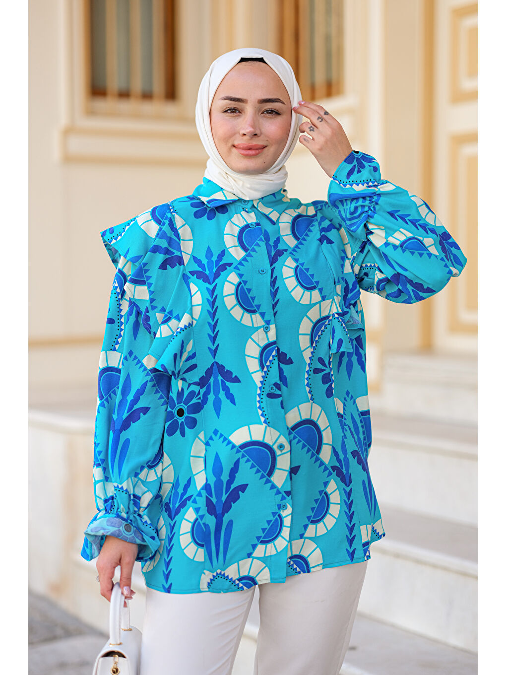 Geometrik Palmiye Desen Gömlek Mavi