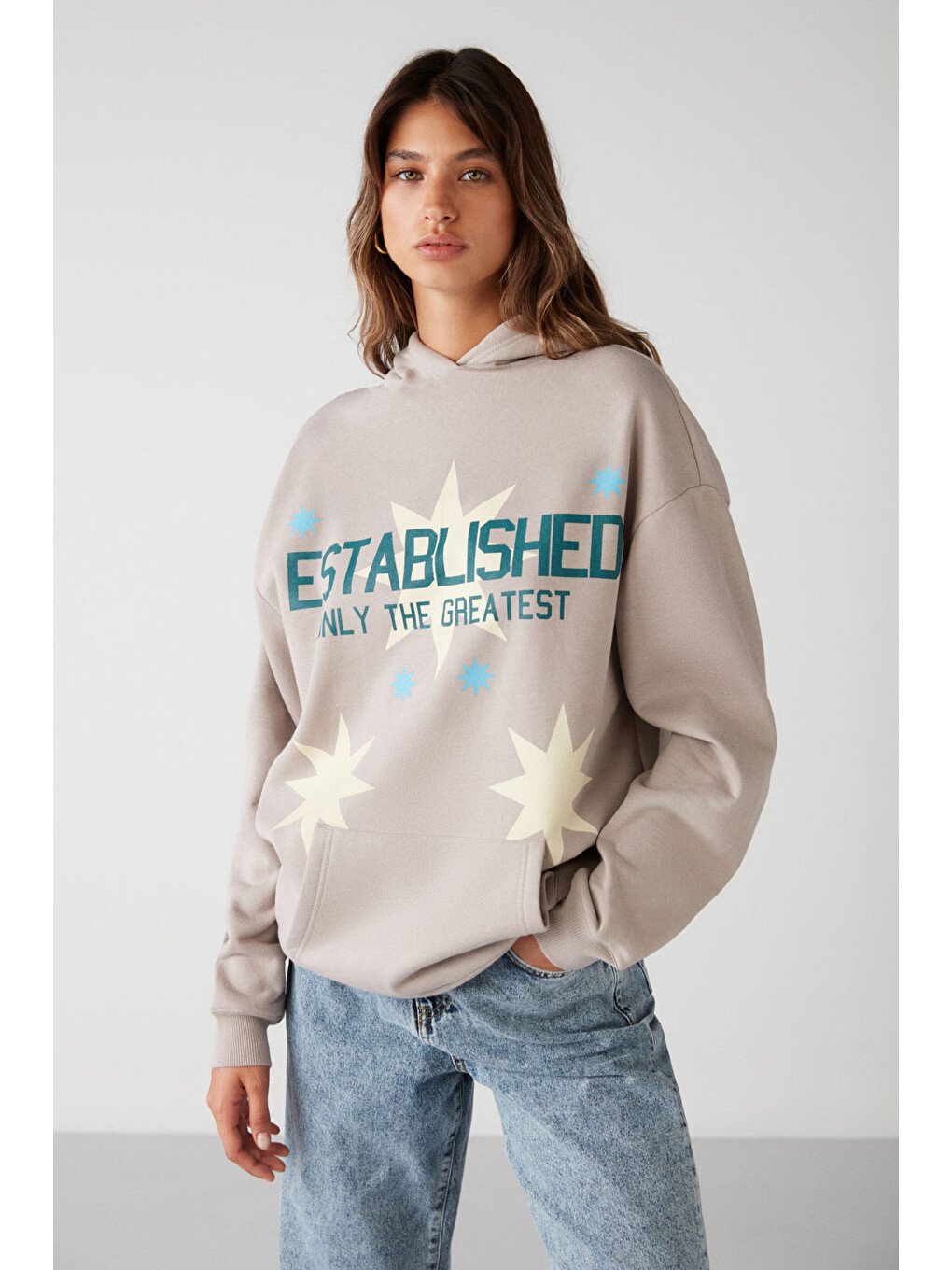 Bej Establıshed Kadın Oversize Organik Pamuklu İçi Polarlı Kapüşonlu Vizon Sweatshirt-3