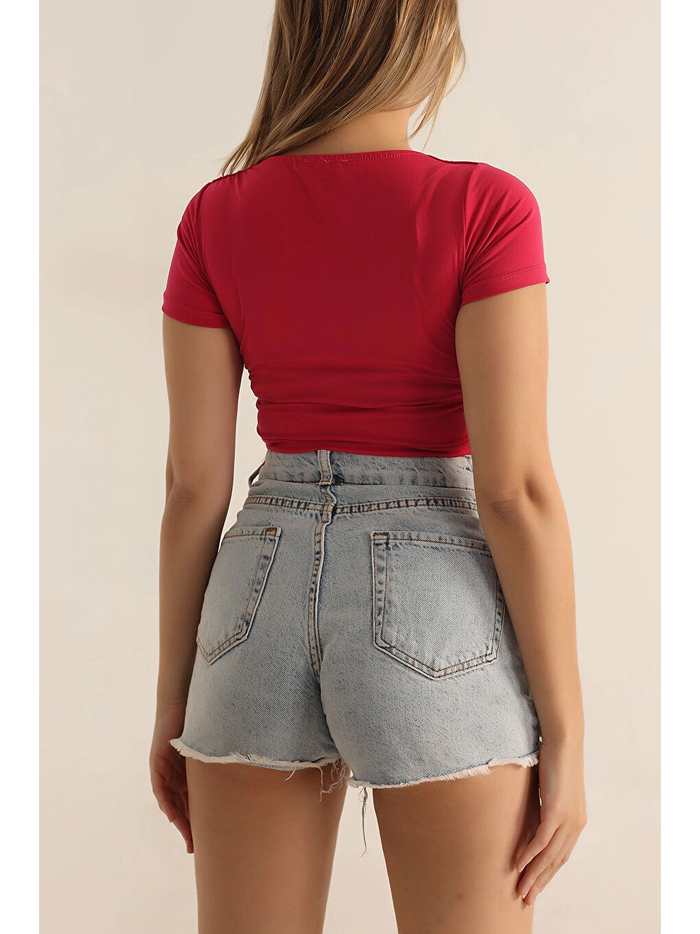 Kadın Pembe Kare Yaka Ön Büzgülü Crop Bluz HZL23S-SND120151-3