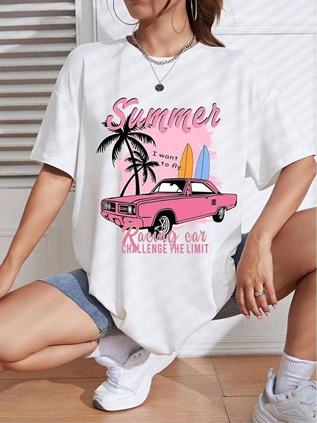 Beyaz SummerRacing Baskı %100 Organik Pamuk Relaxed Fit Yuvarlak Yaka Tişört