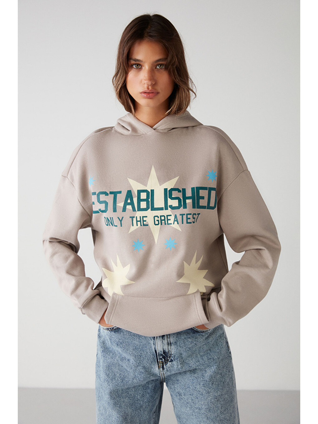 Bej Establıshed Kadın Oversize Organik Pamuklu İçi Polarlı Kapüşonlu Vizon Sweatshirt-4