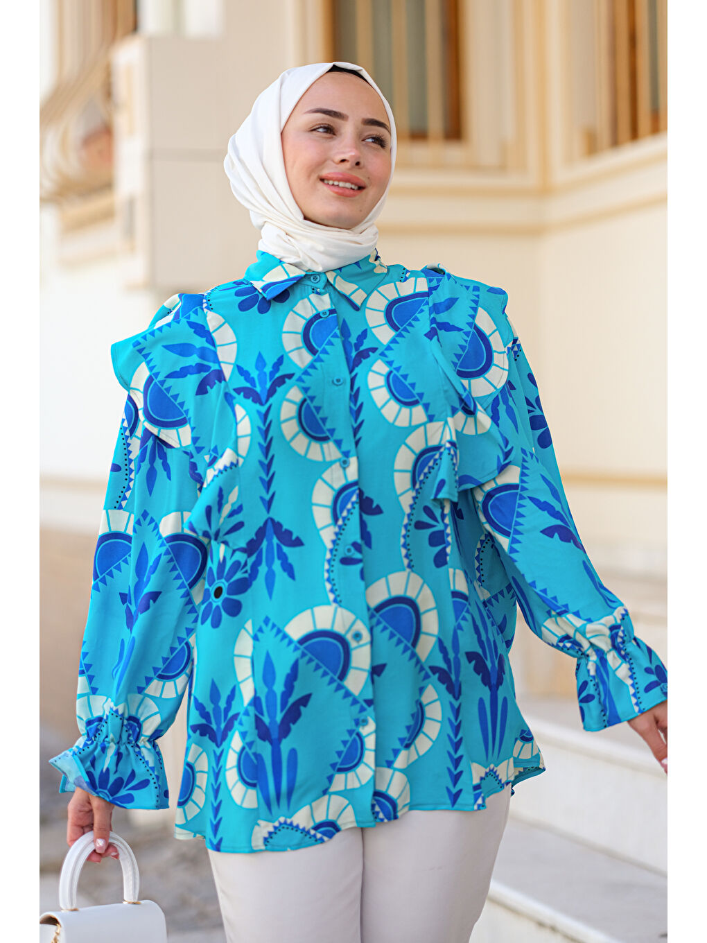 Geometrik Palmiye Desen Gömlek Mavi-1