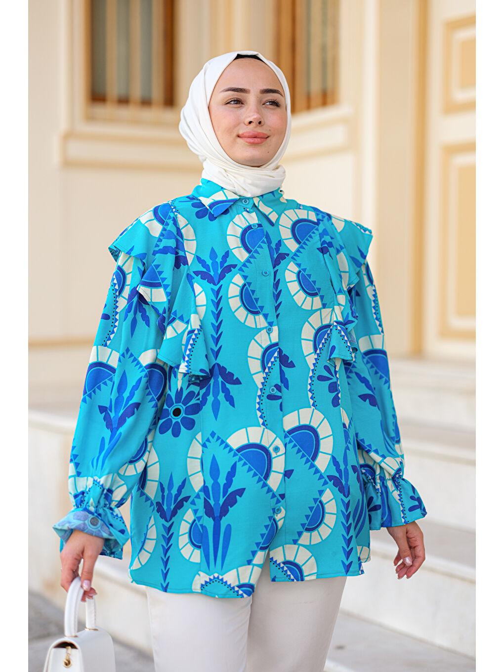 Geometrik Palmiye Desen Gömlek Mavi-2