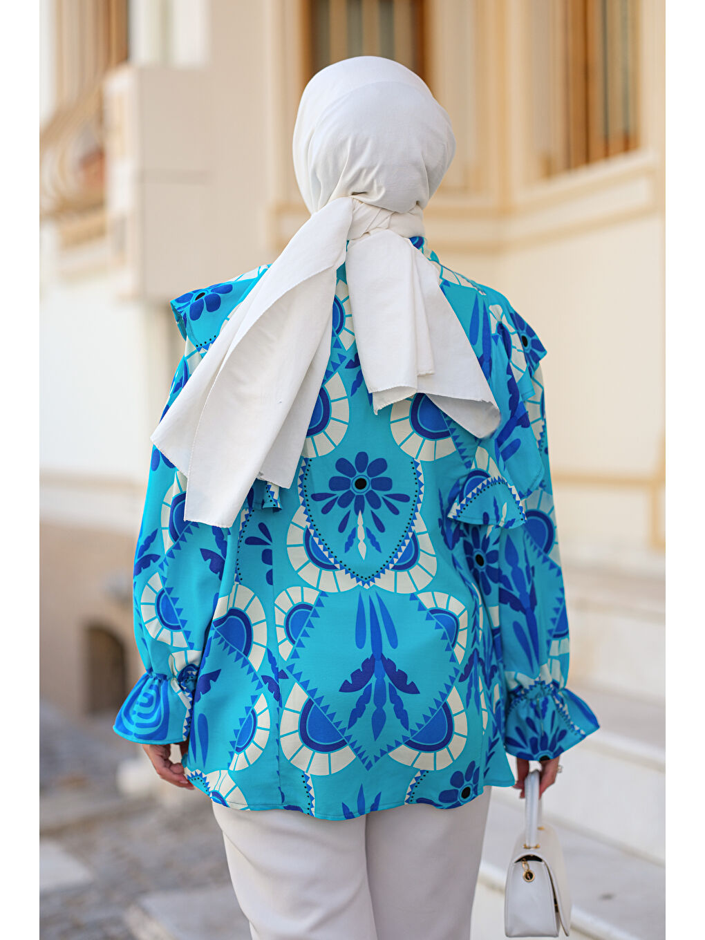 Geometrik Palmiye Desen Gömlek Mavi-3