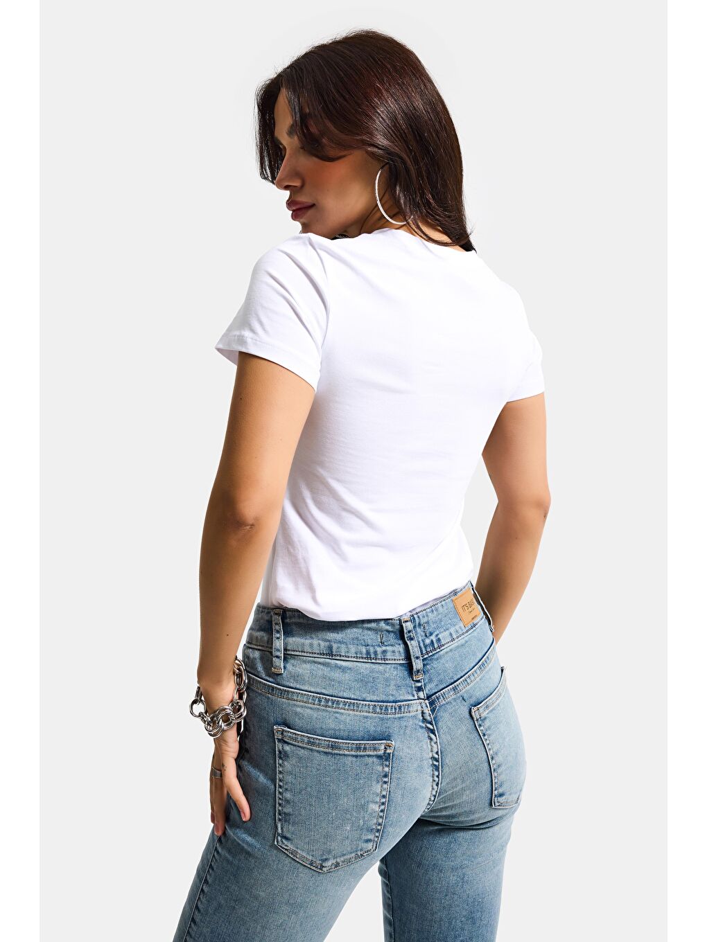 Kadın Beyaz s6-2 V Yaka %100 Organik Pamuk Esnek Kumaş T-Shirt-4