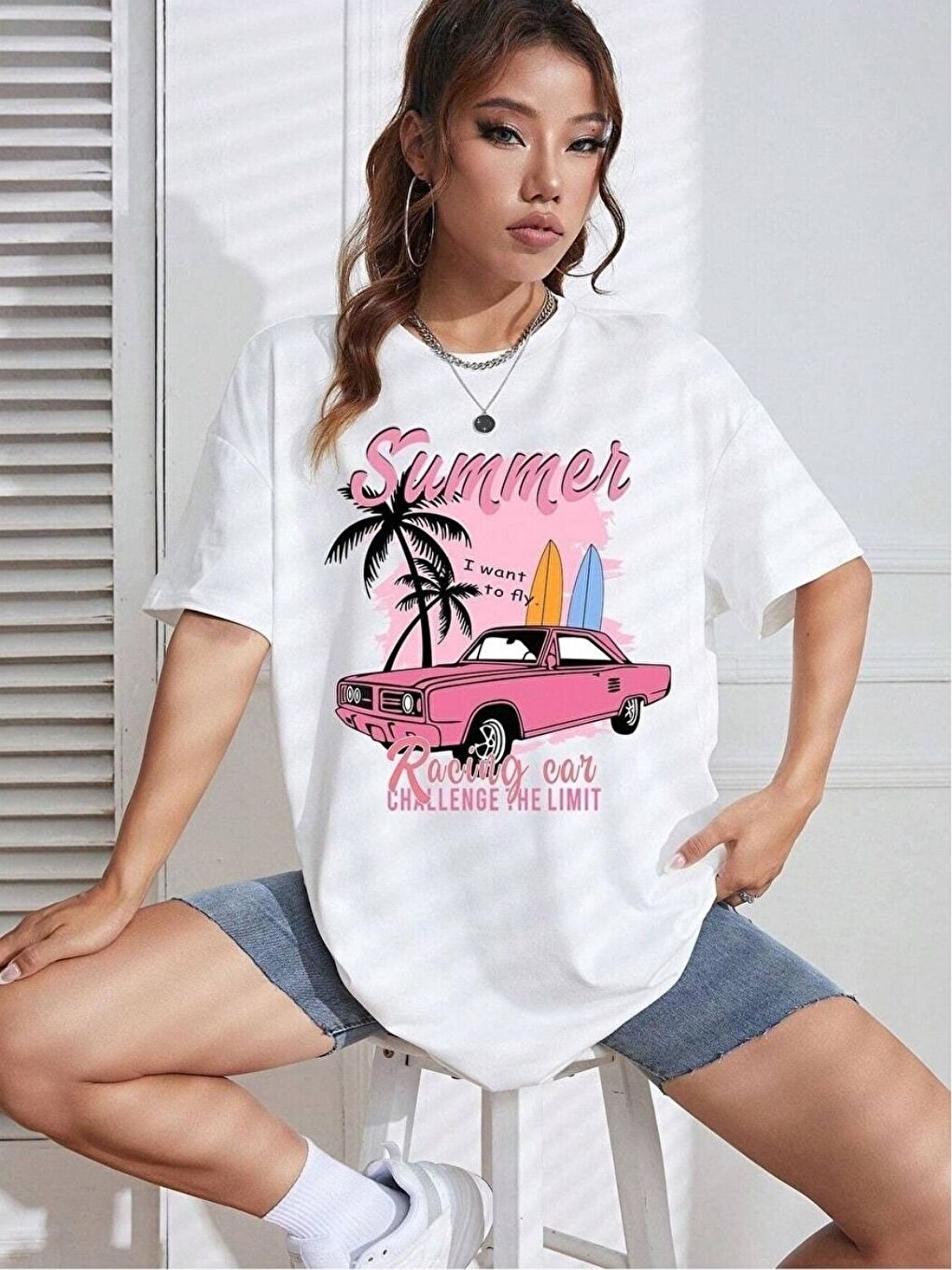 Beyaz SummerRacing Baskı %100 Organik Pamuk Relaxed Fit Yuvarlak Yaka Tişört-1