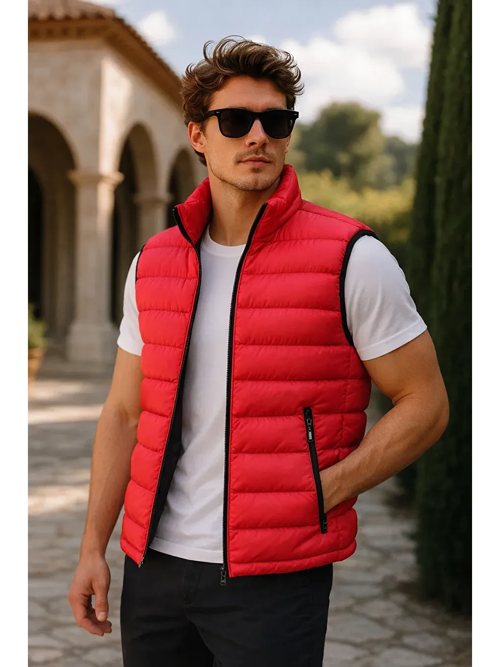 Erkek Kışlık Premium Trend Fermuarlı Kırmızı Şişme Yelek-1