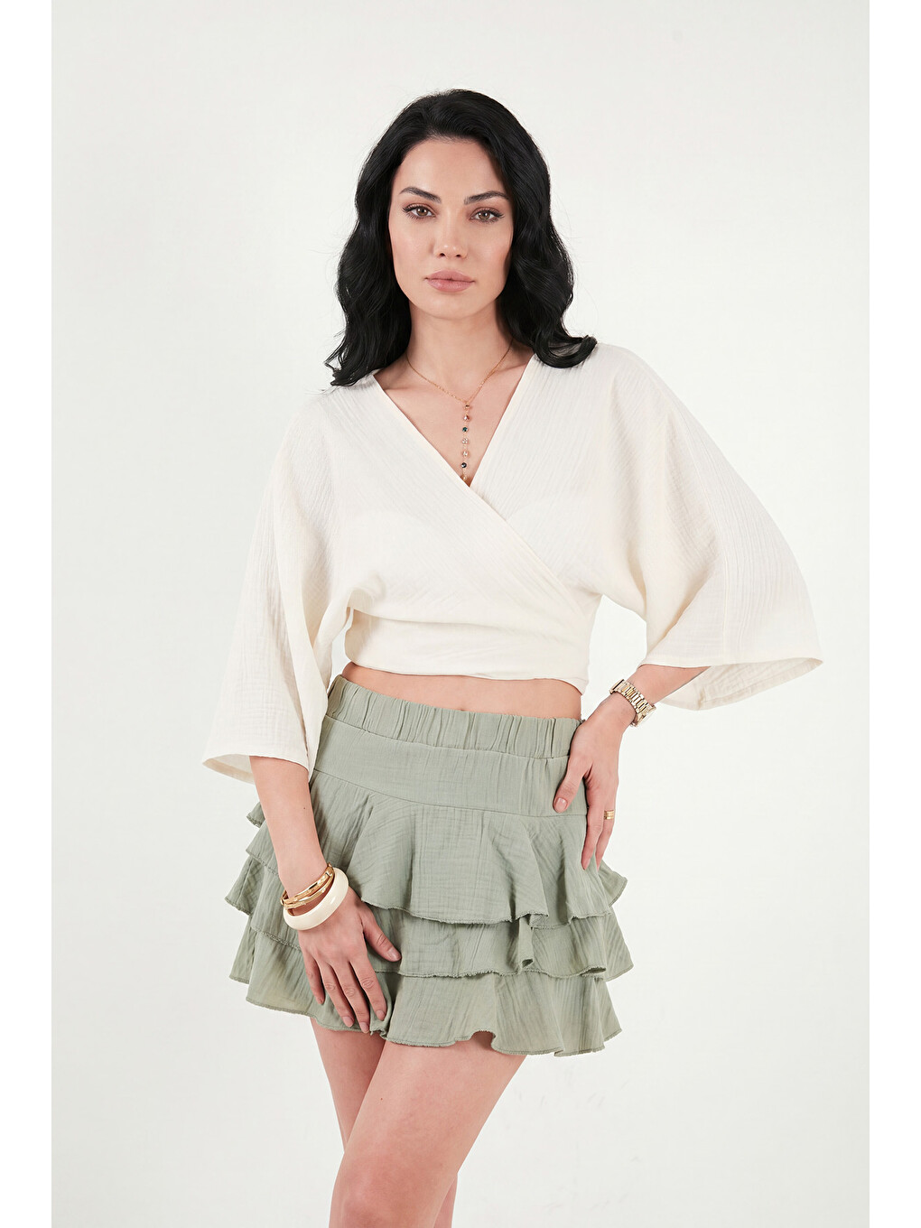 Bej Regular Fit Bağlamalı Crop Kimono 668YL2783