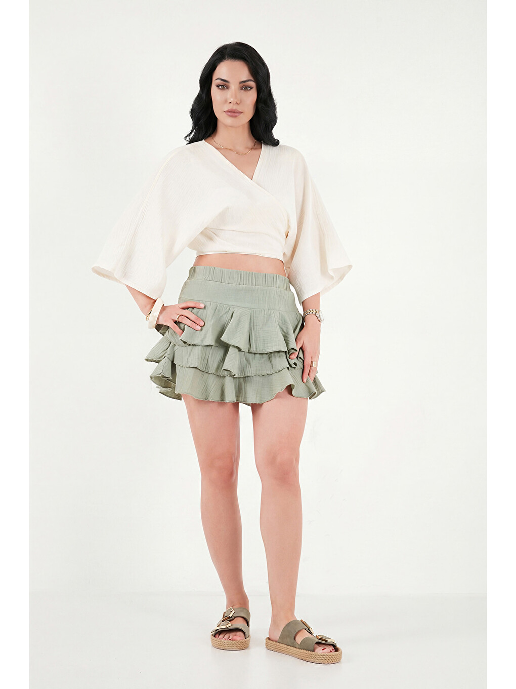Bej Regular Fit Bağlamalı Crop Kimono 668YL2783-1