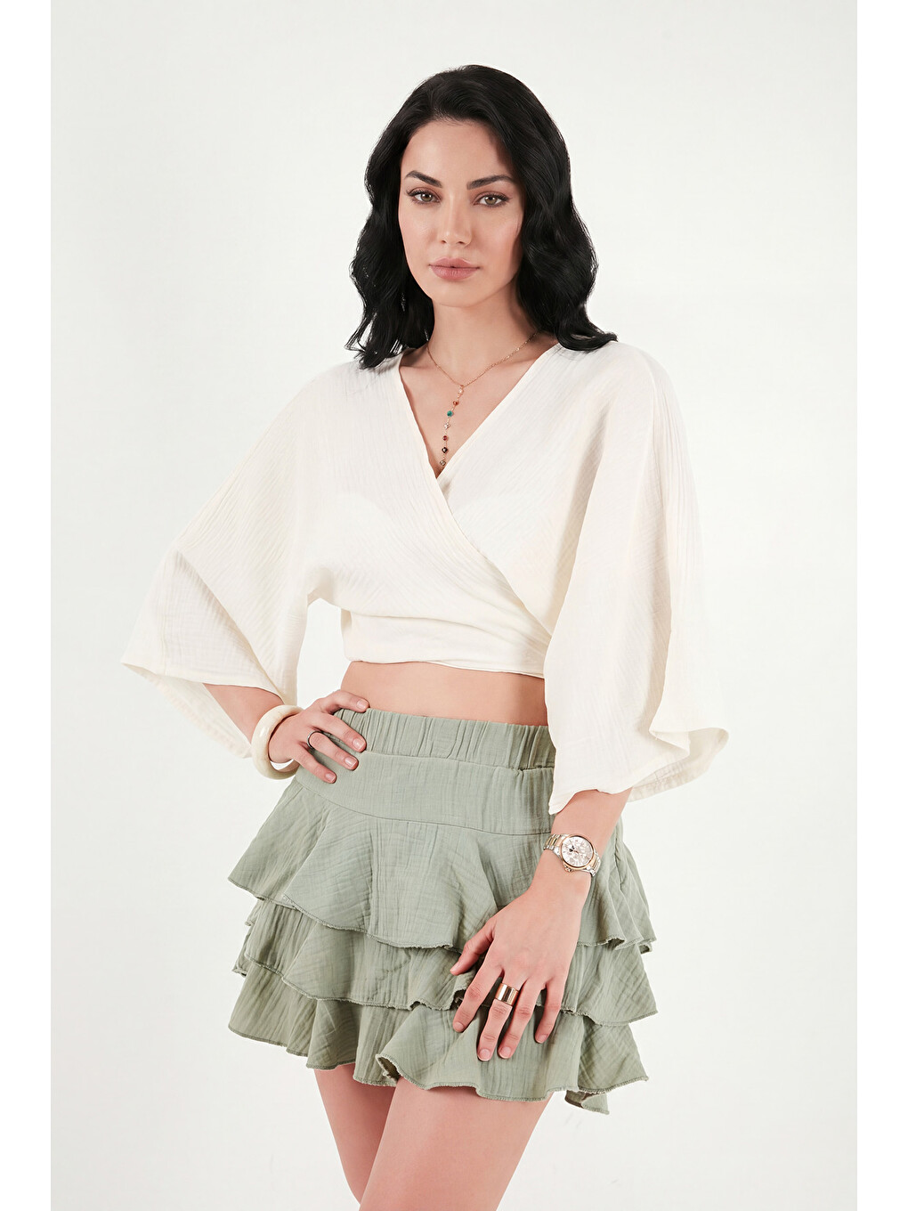 Bej Regular Fit Bağlamalı Crop Kimono 668YL2783-2