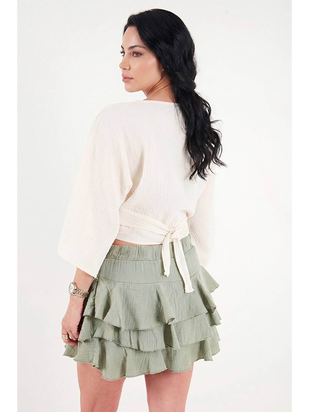 Bej Regular Fit Bağlamalı Crop Kimono 668YL2783-3