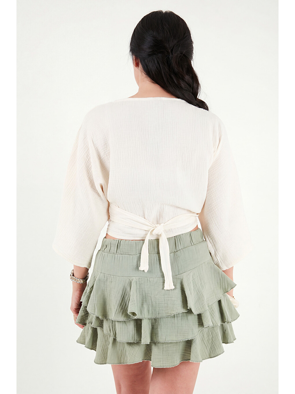Bej Regular Fit Bağlamalı Crop Kimono 668YL2783-4
