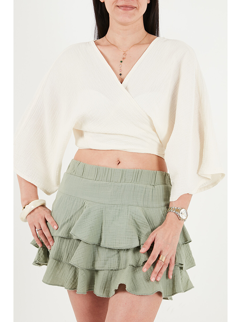 Bej Regular Fit Bağlamalı Crop Kimono 668YL2783-5