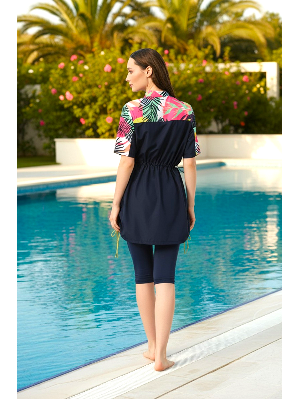 Lacivert Hızlı Kuruyan Paraşüt Kumaş 4 Parça Kısa Kollu Yarı Kapalı Mayo 25754-4