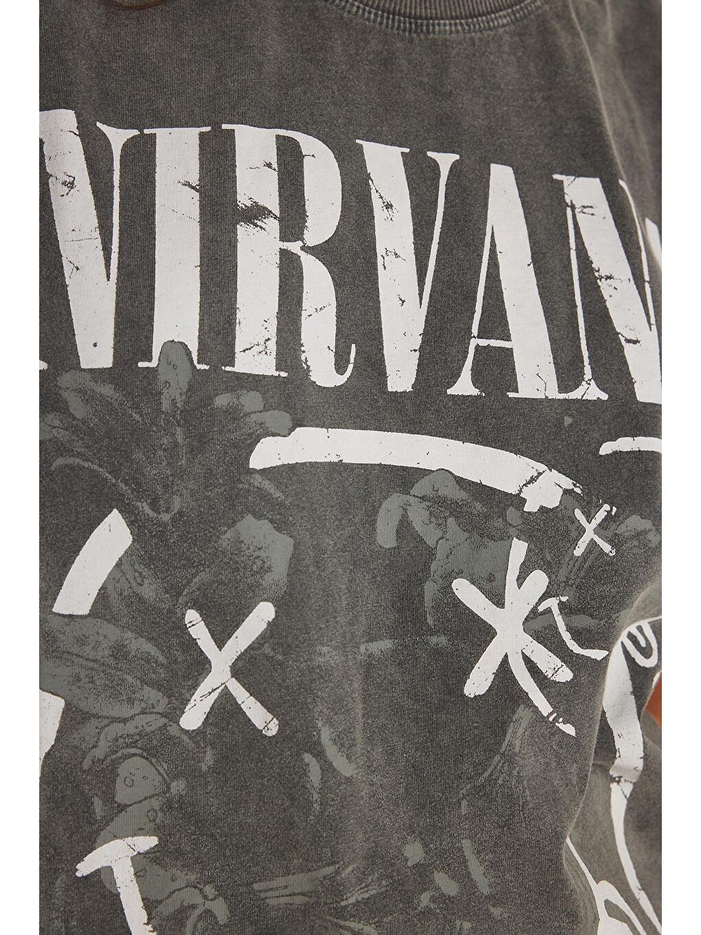 Kadın Relax Fit Rahat Kesim %100 Pamuk Kısa Kollu Bisiklet Yaka Baskılı Antrasit Tişört-2