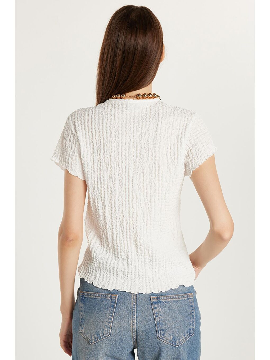 Kadın Slim Fit Dar Kesim Kısa Kollu Bisiklet Yaka Ekru Tişört-4