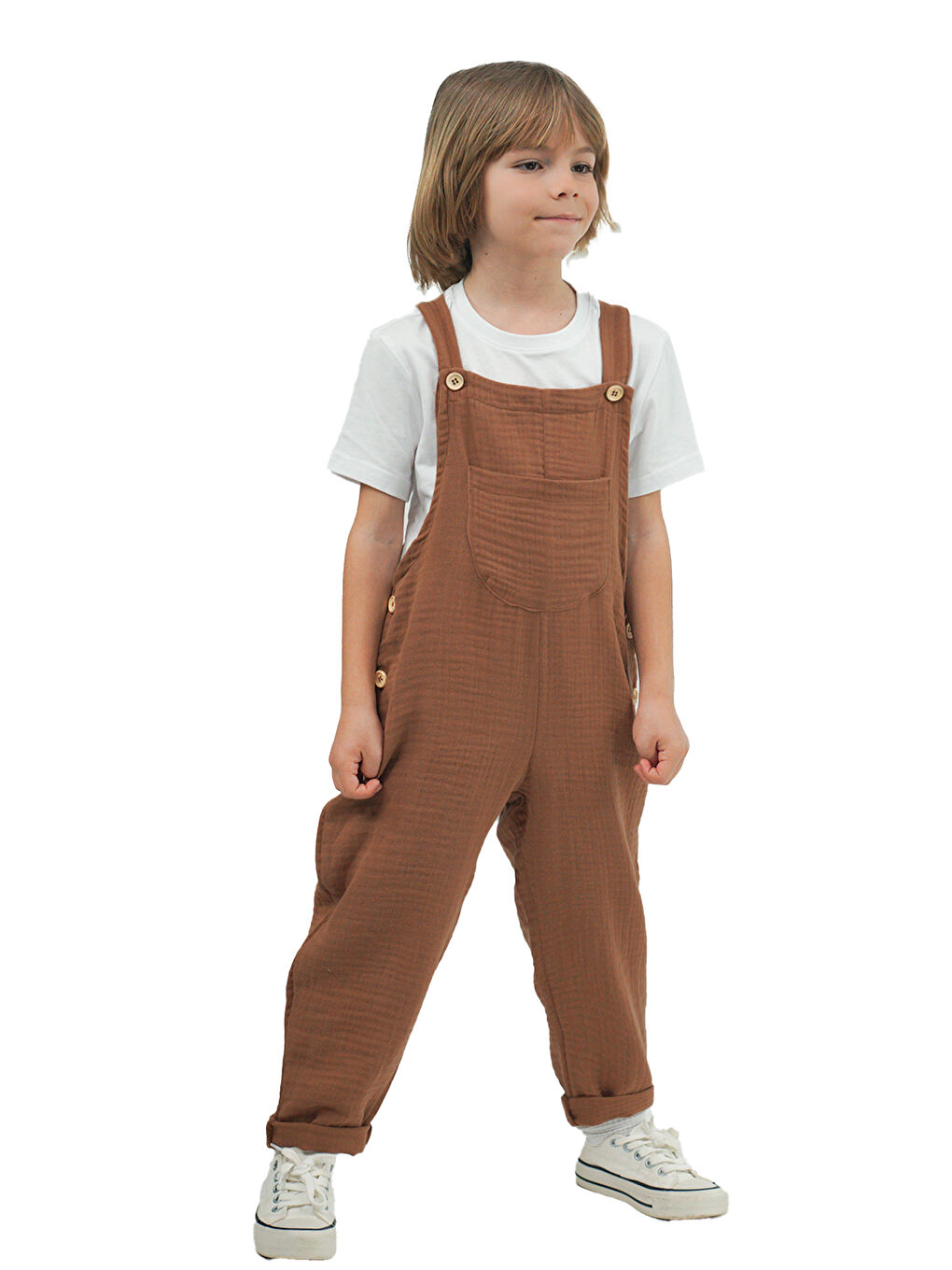 Kahverengi Erkek Çocuk Kahve Müslin Askılı Tulum-3