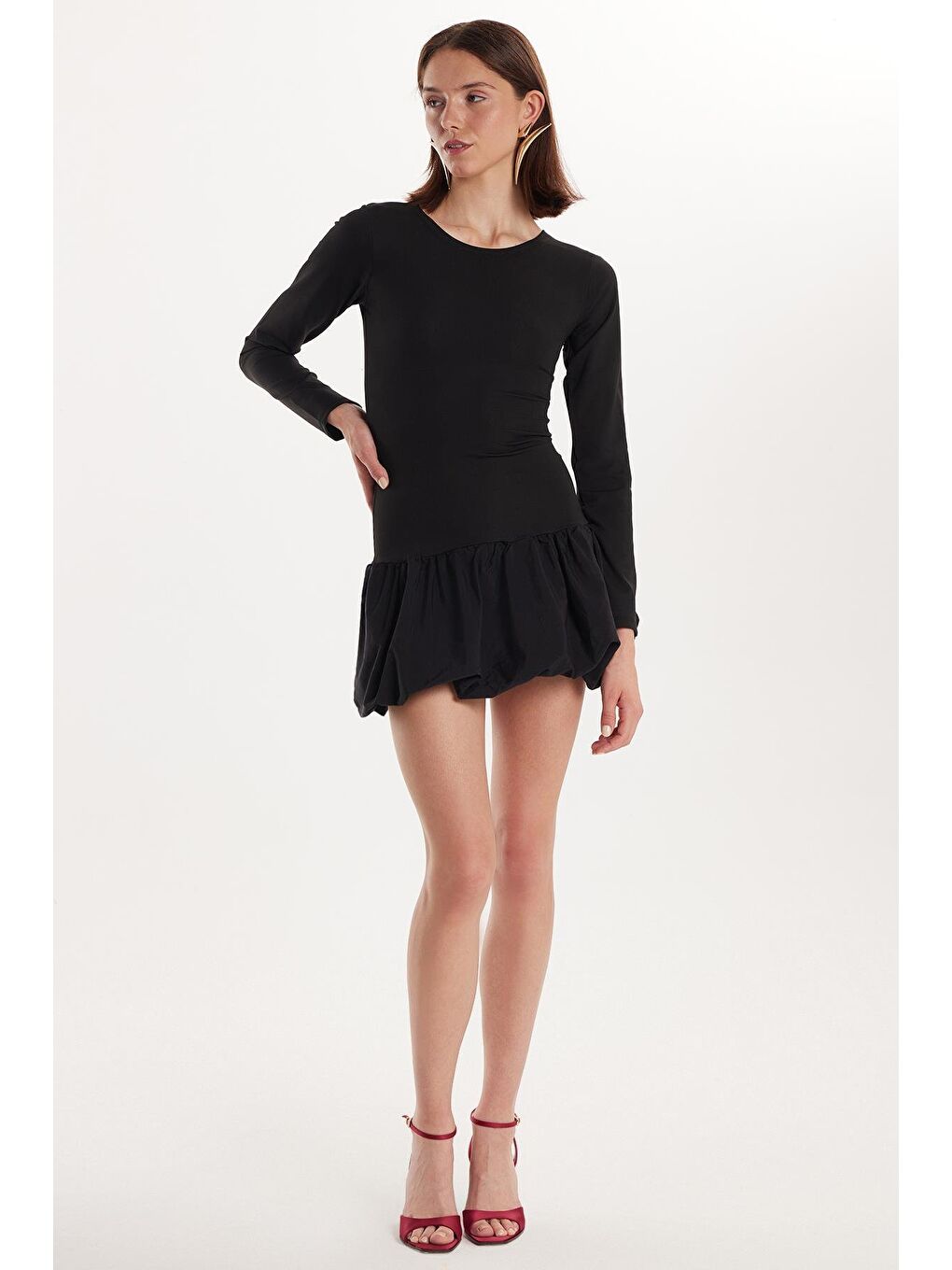 Kadın Slim Fit Dar Kesim Uzun Kollu Bisiklet Yaka Mini Siyah Elbise