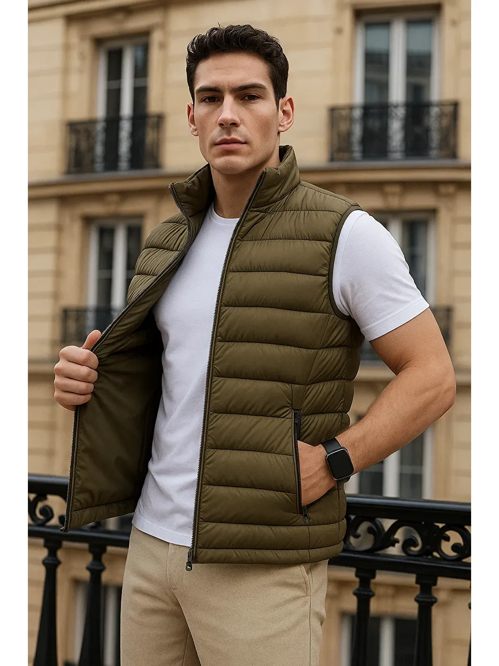 Erkek Kışlık Cepli Trend Fermuarlı Haki Şişme Yelek