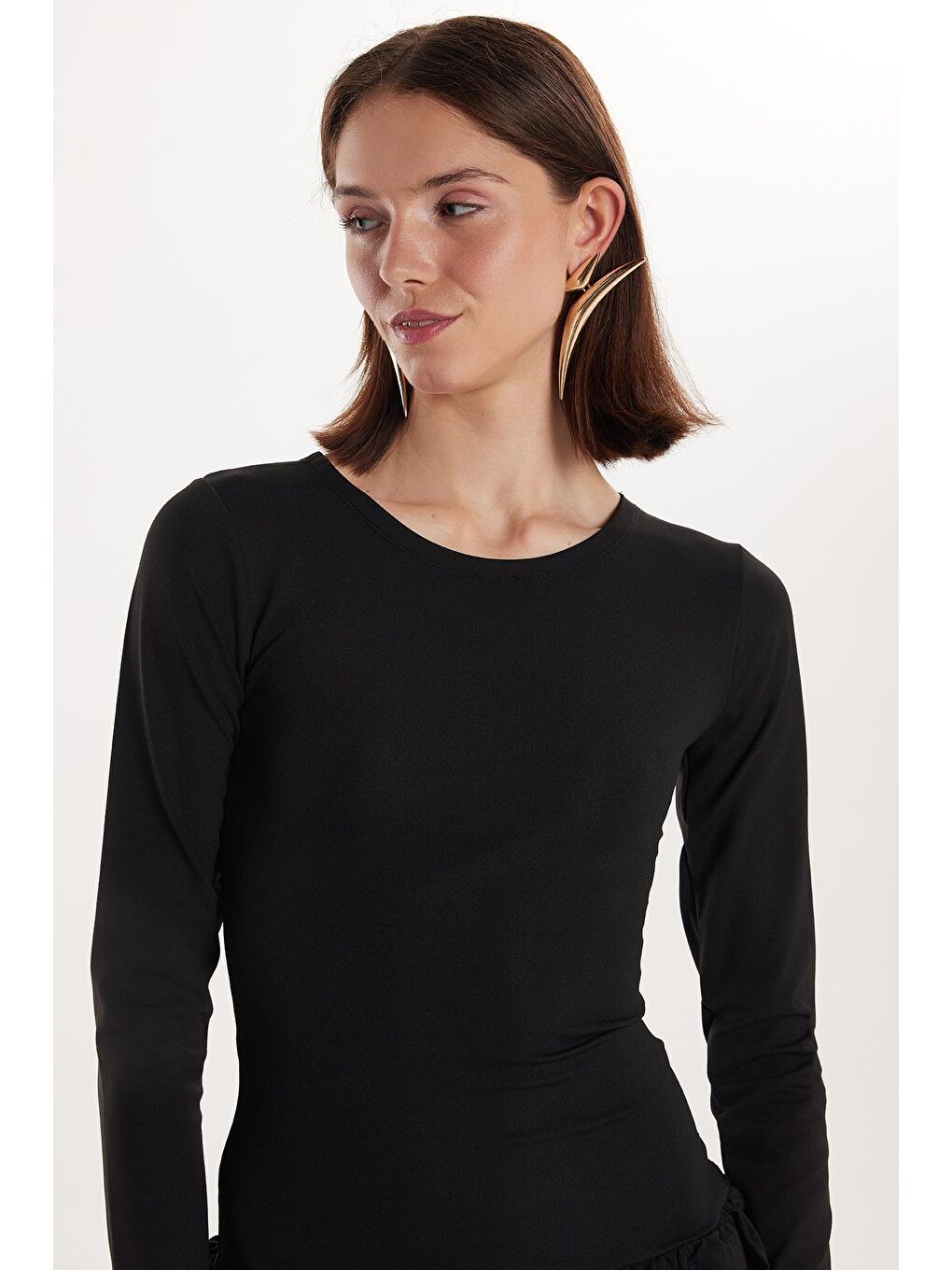 Kadın Slim Fit Dar Kesim Uzun Kollu Bisiklet Yaka Mini Siyah Elbise-1