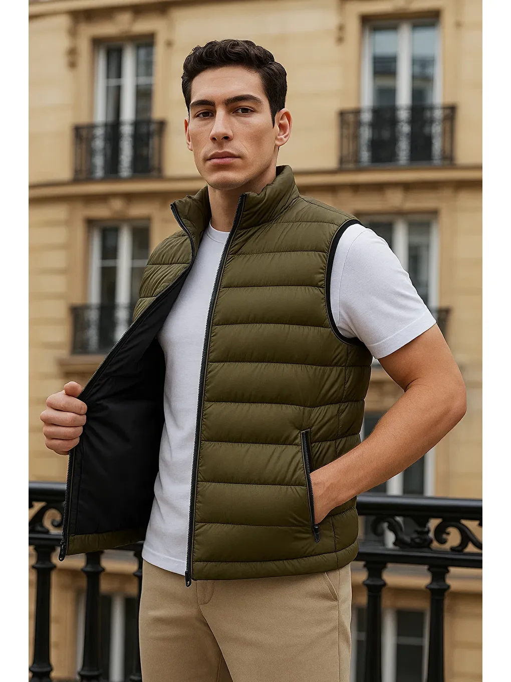 Erkek Kışlık Cepli Trend Fermuarlı Haki Şişme Yelek-1