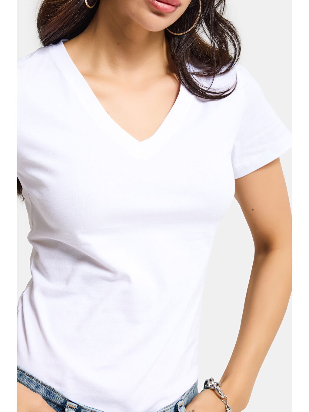 Kadın Beyaz s6-2 V Yaka %100 Organik Pamuk Esnek Kumaş T-Shirt-5