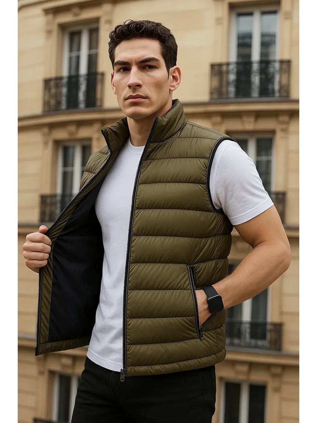 Erkek Kışlık Cepli Trend Fermuarlı Haki Şişme Yelek-2