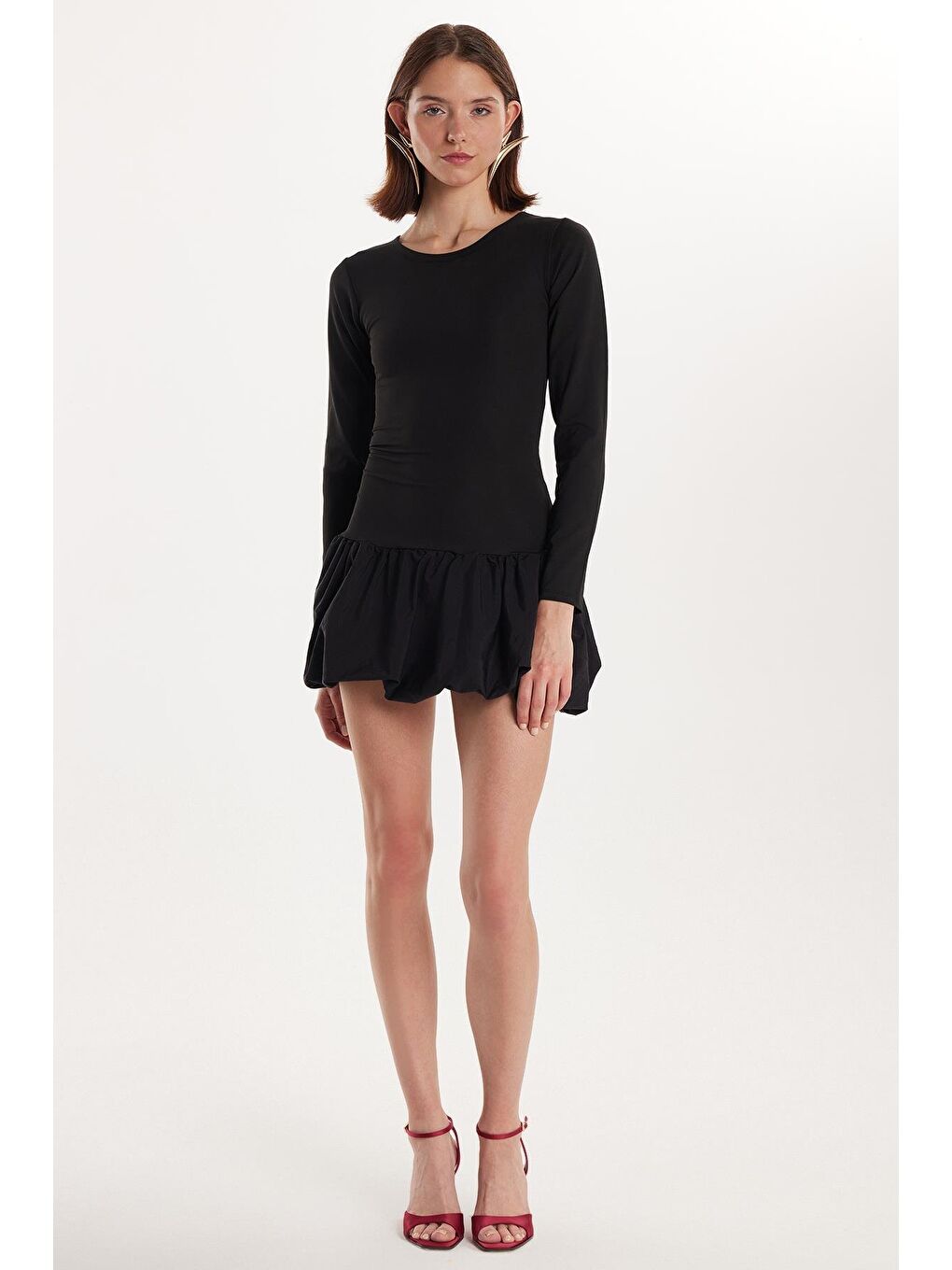 Kadın Slim Fit Dar Kesim Uzun Kollu Bisiklet Yaka Mini Siyah Elbise-3