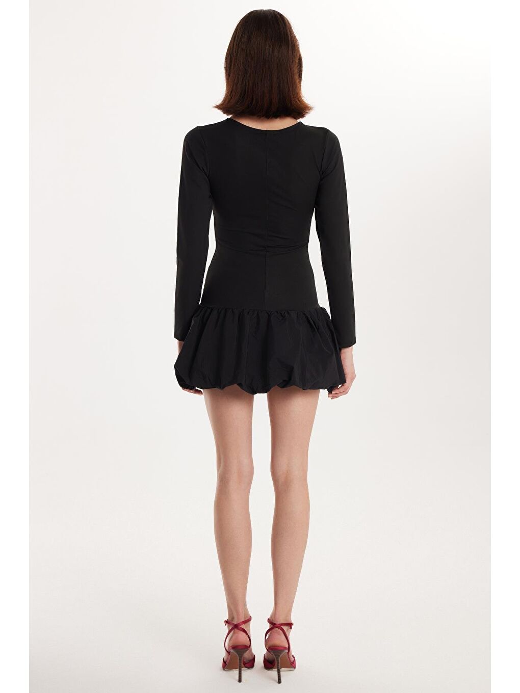 Kadın Slim Fit Dar Kesim Uzun Kollu Bisiklet Yaka Mini Siyah Elbise-4