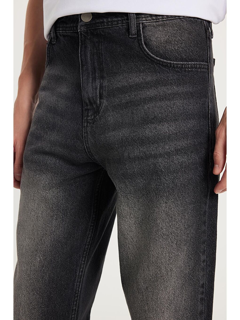 Erkek Relax Fit Geniş Kesim Boru Paça Yıkamalı Taşlamalı Boyfriend Esnek Siyah Jean Pantolon-2
