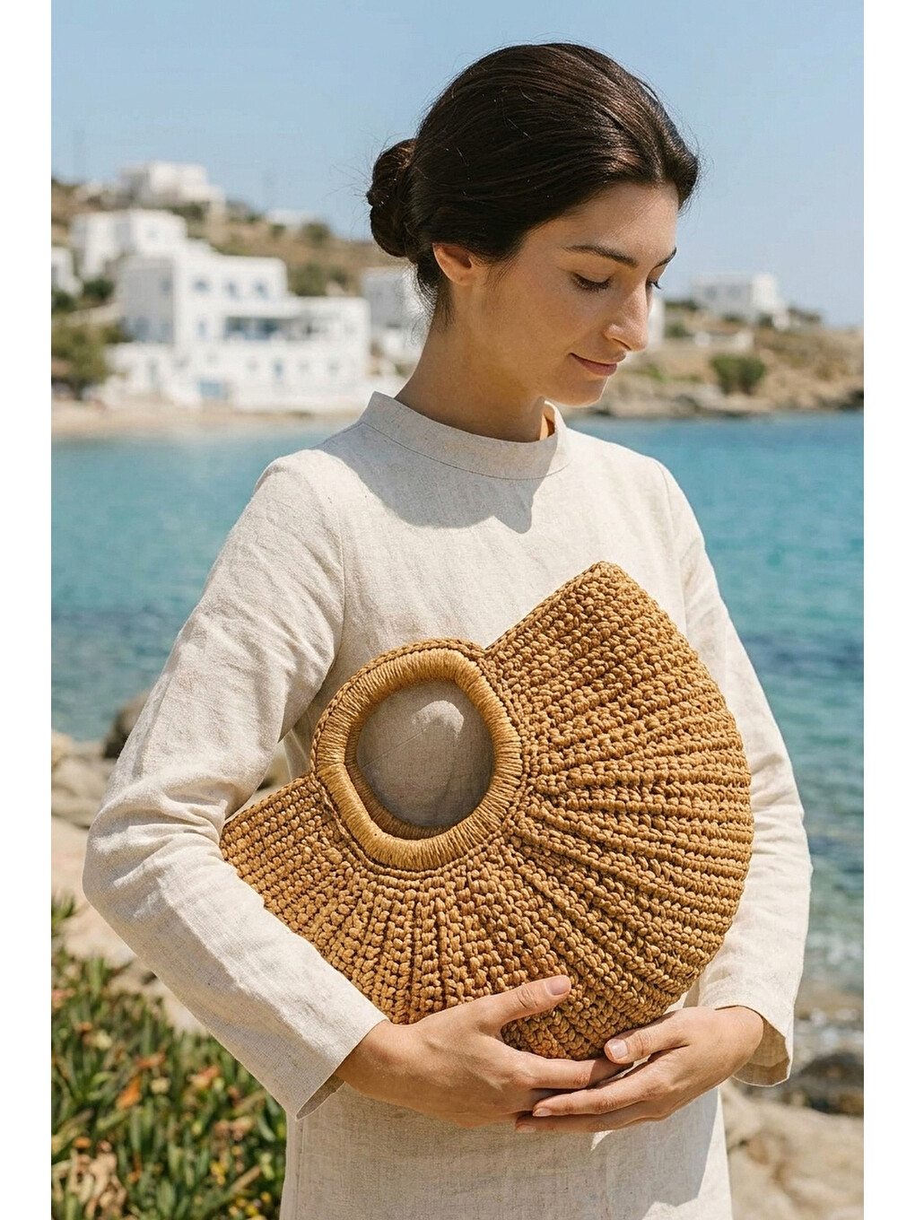 Ekru El Örgüsü Hasır Çanta - Krem Cnt2603-2-1