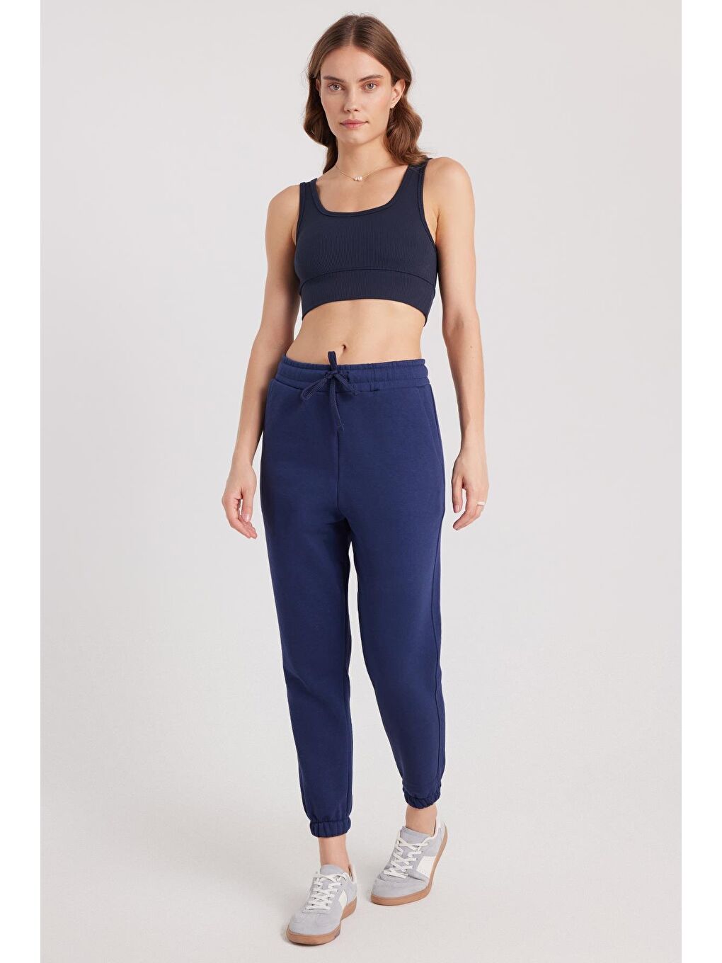 Kadın Relax Fit Rahat Kesim Şardonlu 3 Cepli Lastikli Jogger Paça Lacivert Eşofman Altı-3